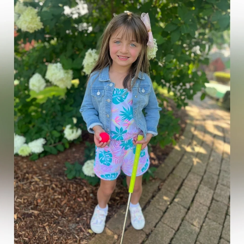 Jumping Beans Teal and Pink Leaf Print Romper | Girls Size 6T